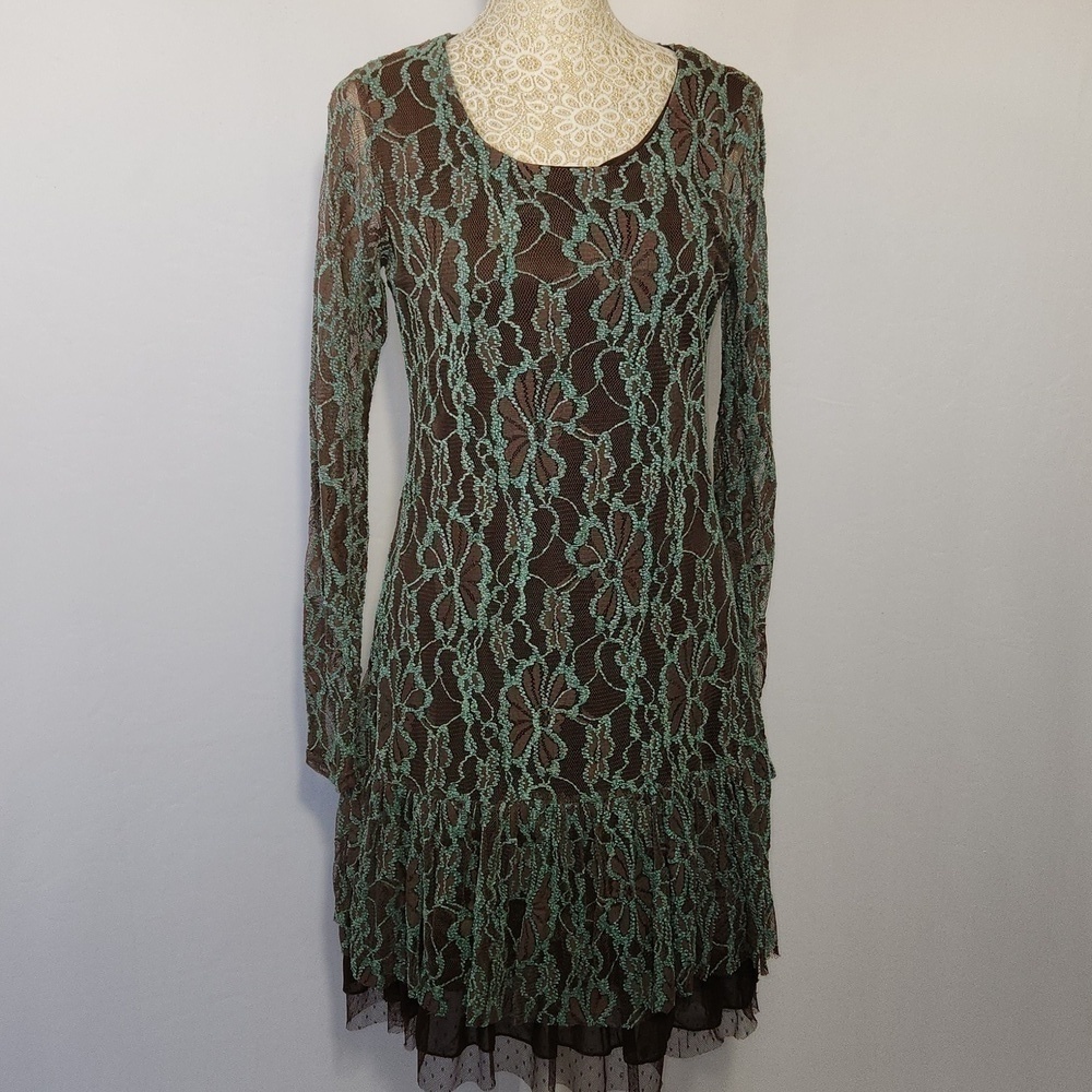 A"reve Anthropologie Womens Brown Turquoise Floral Lace Long Sleeve Lined Mini S - Picture 4 of 16